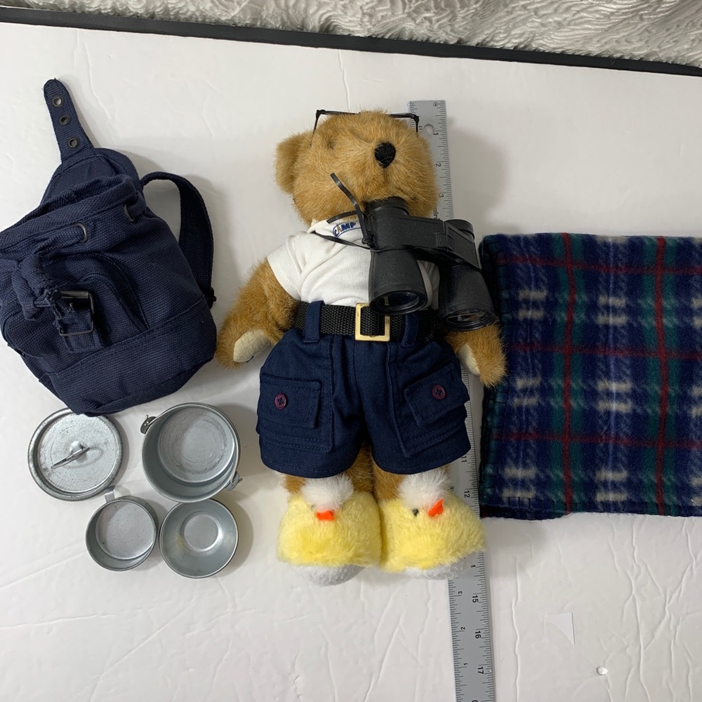 Camp Bear Tales  backpack blanket pots binoculars